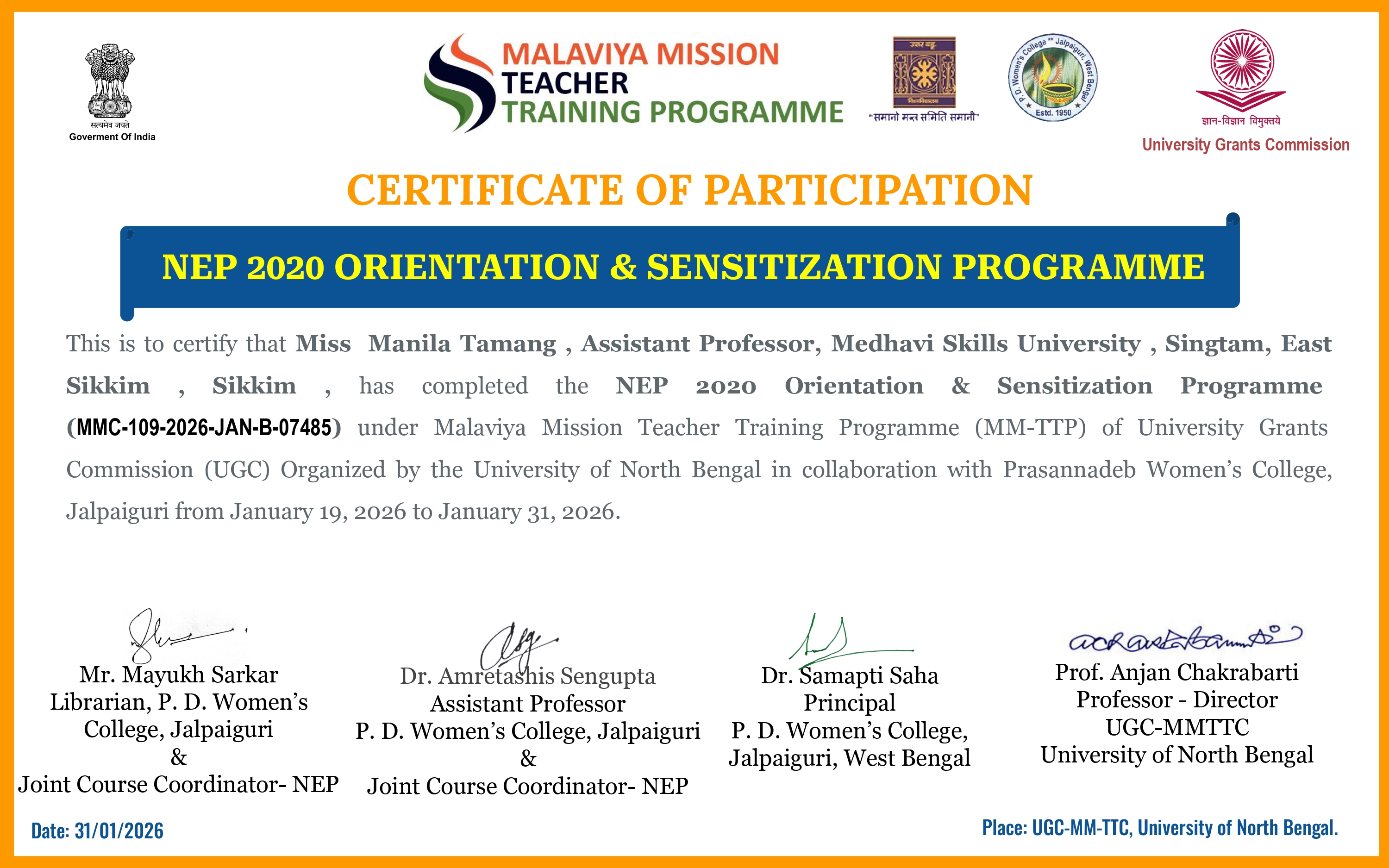 MSU Faculty Participate in FDP on NEP 2020 at HRDC, North Bengal University