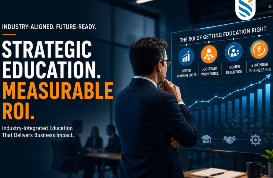 A man in a suit looks at a screen displaying benefits of education: lower costs, job-ready workforce, higher retention, and stronger ROI. The mood is professional and forward-thinking.