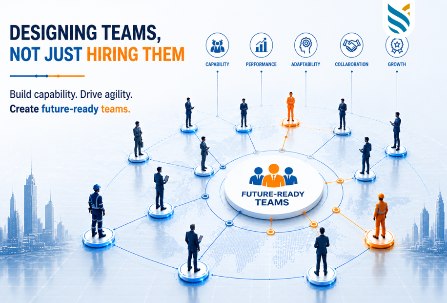 Illustration depicting "Designing Teams, Not Just Hiring Them." Features diverse figures connected around "Future-Ready Teams," highlighting capability, performance, adaptability, collaboration, and growth above cityscape silhouettes.