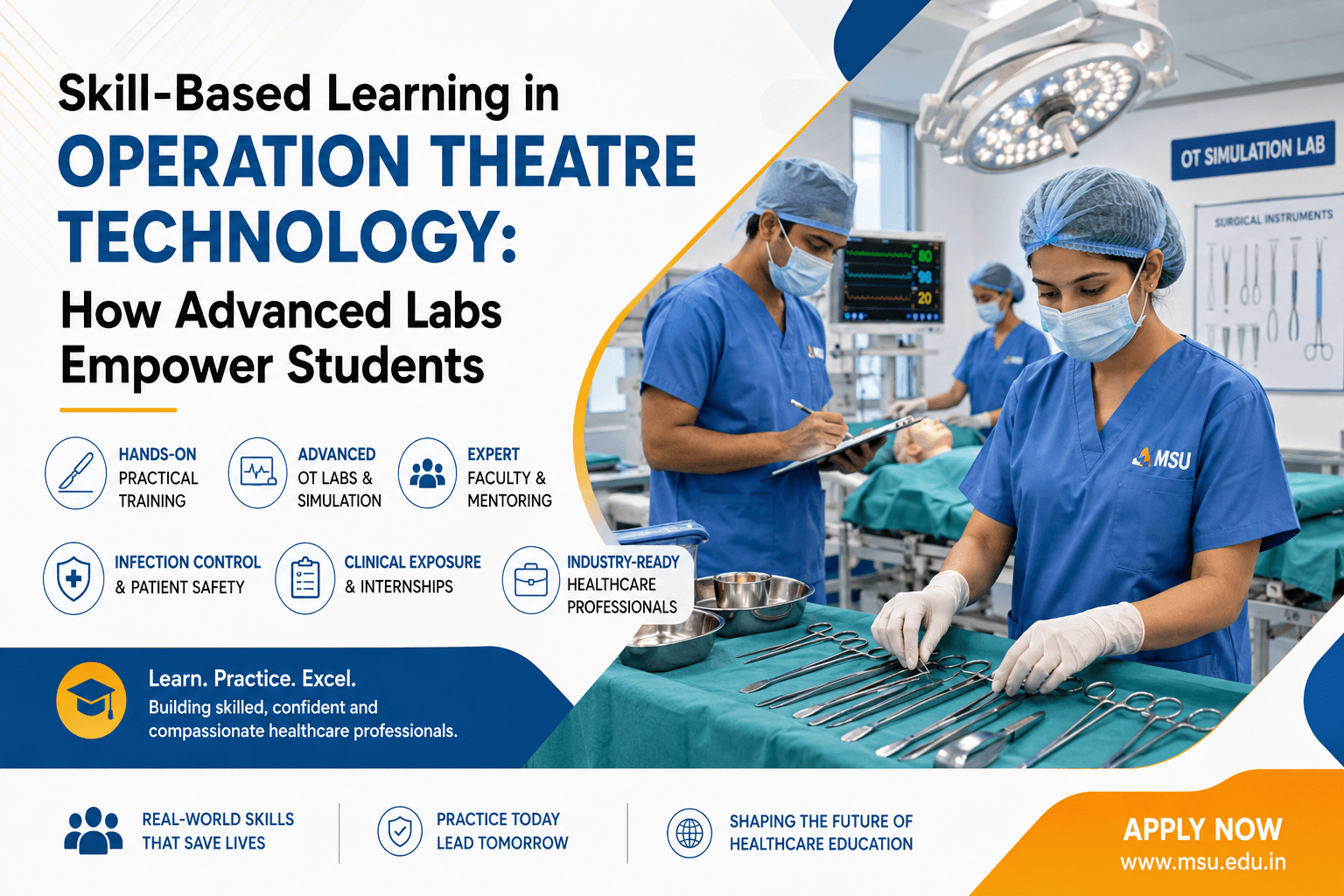 Students practising surgical instrument handling and clinical procedures in an advanced Operation Theatre Technology simulation lab.