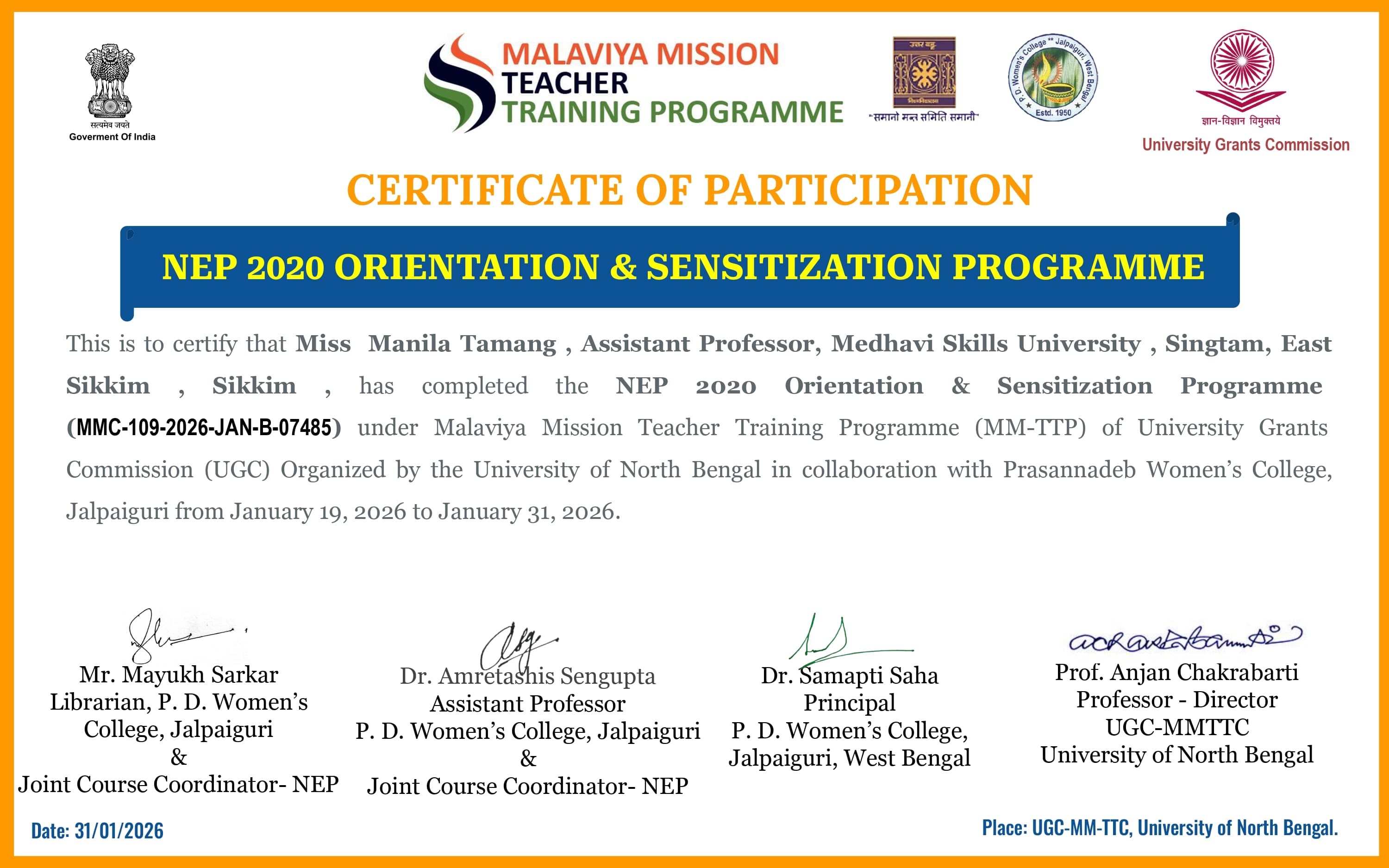 MSU Faculty Participate in FDP on NEP 2020 at HRDC, North Bengal University