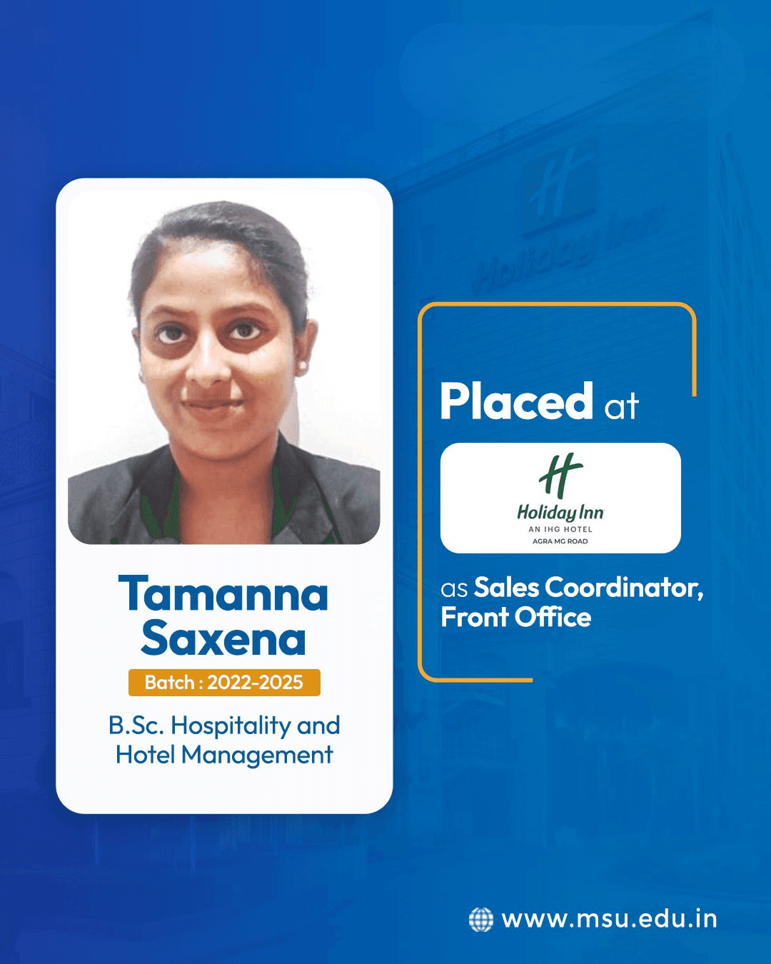 Tamanna Saxena Placed at Holiday Inn