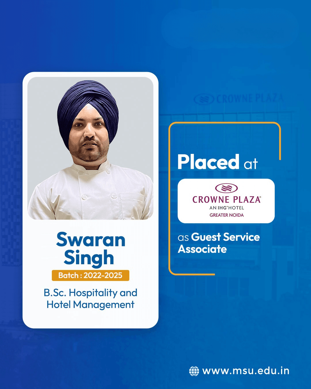 Swaran Singh Placed at Crowne Plaza