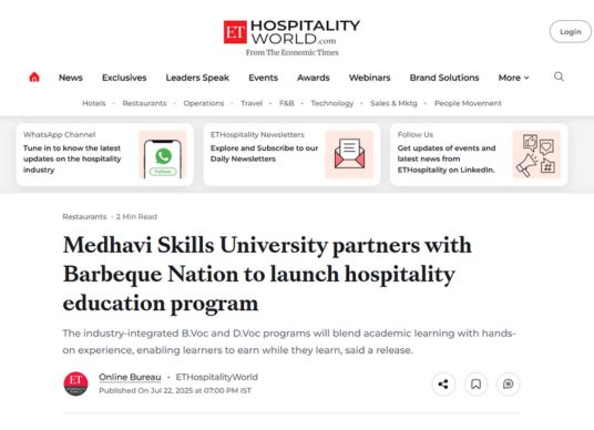 Medhavi Skills University partners with Barbeque Nation to launch hospitality education program