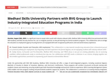 Medhavi Skills University Partners with BVG Group to Launch Industry-Integrated Education Programs in India
